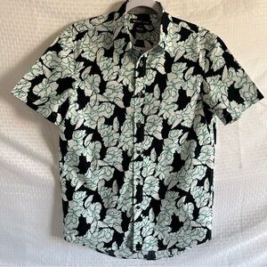 Michael Kors Classic Fit Button Up Floral Short Sleeve Shirt Black & Green Small